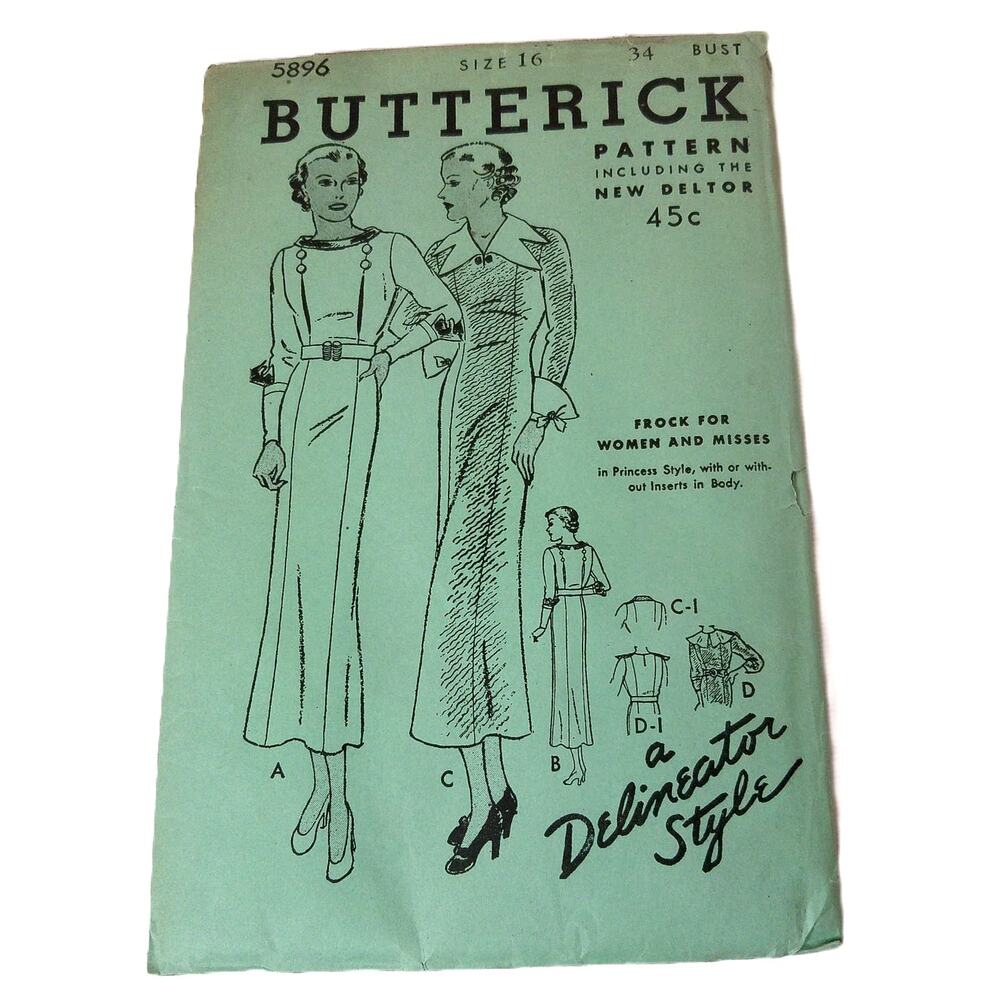 Vtg 1930s Butterick 5896 Dress Sewing Pattern Delineator Style Size 16 Bust 34